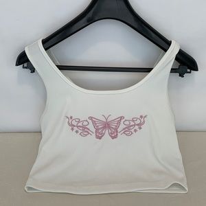 Shein cream crop top with butterfly pink size medium